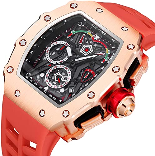 FANMIS Mens Luxury Tonneau Square Watches Analog Punk Chronograph Unique Sports Wrist Watch Japanese Movement Luminous Design with Rubber Band (Rosegold Red) - Image 2