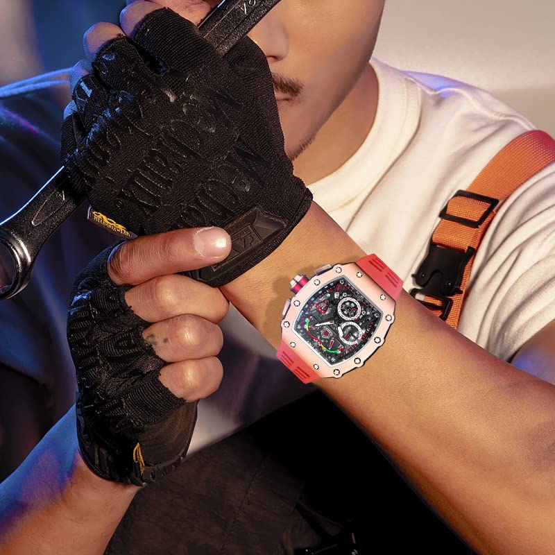 FANMIS Mens Luxury Tonneau Square Watches Analog Punk Chronograph Unique Sports Wrist Watch Japanese Movement Luminous Design with Rubber Band (Rosegold Red) - Image 3