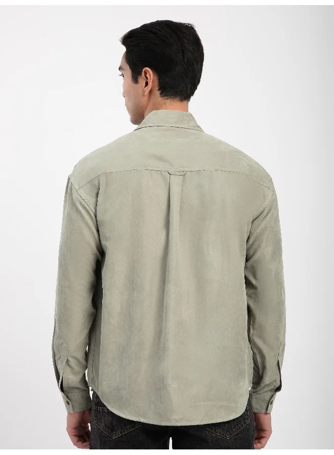 Beyoung Light Grey Front Yoke Suede Shirt