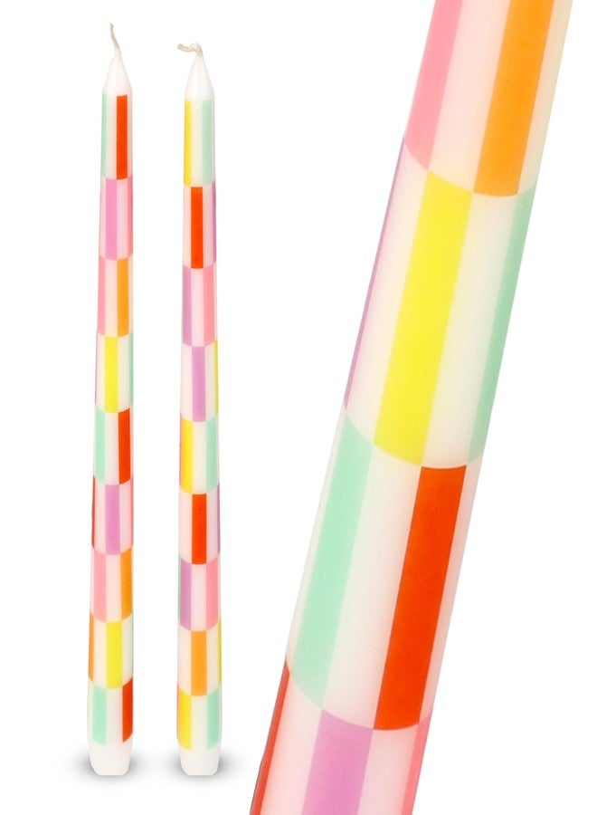 Talking Tables 2 x Colorful Checkered Tapered Tall Dinner Candles Made of Wax, Stylish Table Decorations Table Centrepieces, Summer Decor. Eco Packaging, Unscented, Burn Time 5 Hours, 10inches - Image 1