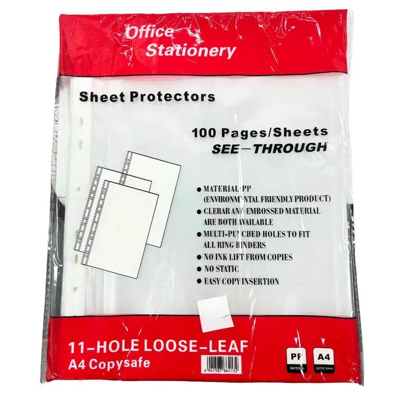 Clear A4 Sized Sheet Protectors 297X210mm With 11 Multi Punched Holes And Copy Safe- 100Pages/Sheets