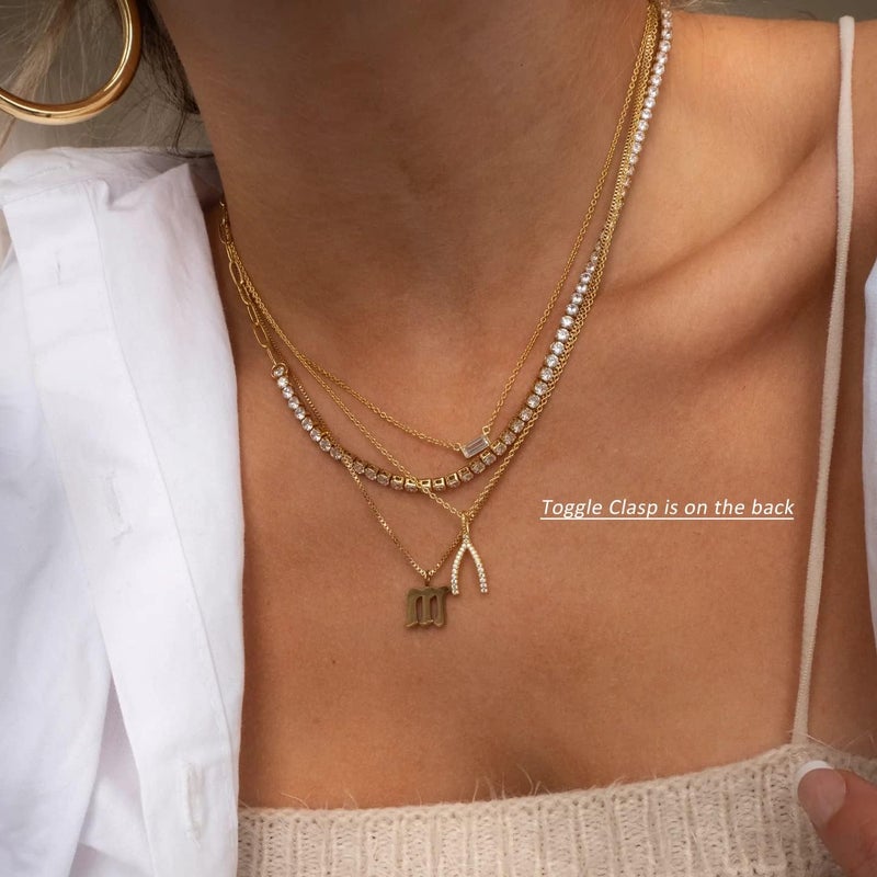 NUZON Gold CZ Tennis Necklace for Women Girls 14K Gold Plated Paper Clip Link Chain Choker Sparkly Diamond Layering Jewelry Toggle Clasp 16.5’’ - Image 3