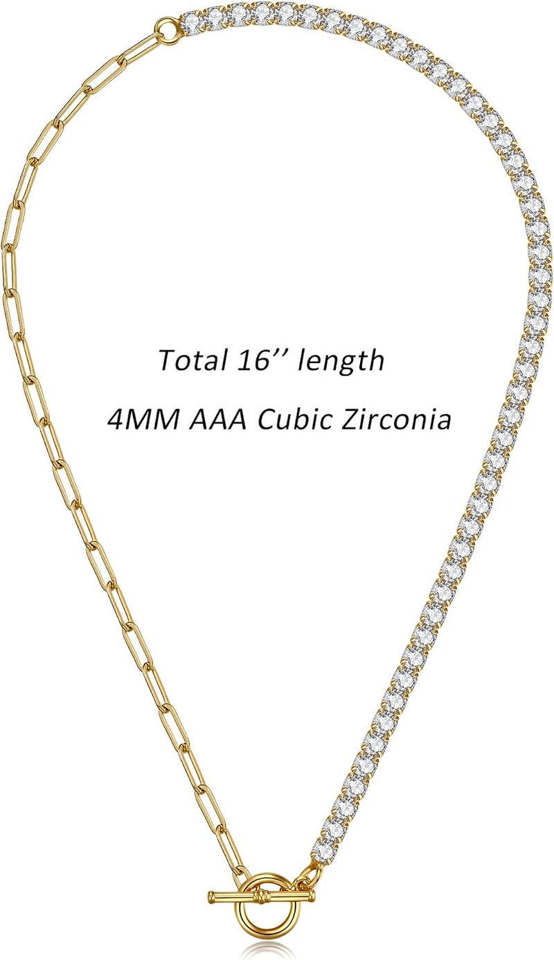 NUZON Gold CZ Tennis Necklace for Women Girls 14K Gold Plated Paper Clip Link Chain Choker Sparkly Diamond Layering Jewelry Toggle Clasp 16.5’’ - Image 5