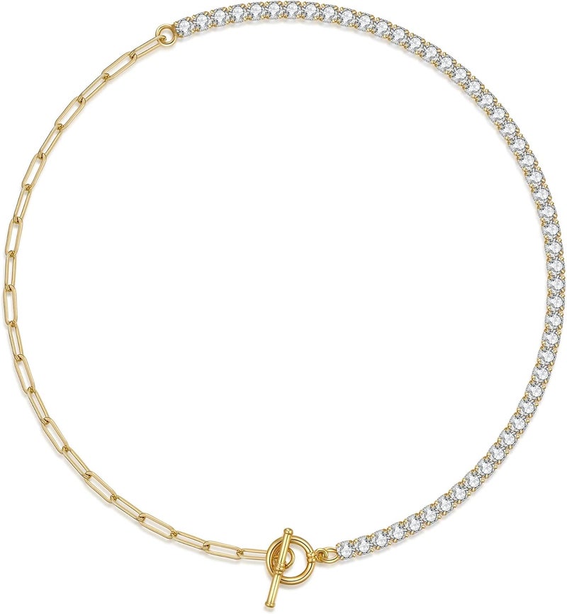 NUZON Gold CZ Tennis Necklace for Women Girls 14K Gold Plated Paper Clip Link Chain Choker Sparkly Diamond Layering Jewelry Toggle Clasp 16.5’’ - Image 1