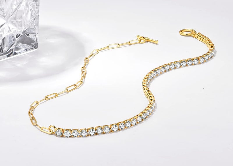 NUZON Gold CZ Tennis Necklace for Women Girls 14K Gold Plated Paper Clip Link Chain Choker Sparkly Diamond Layering Jewelry Toggle Clasp 16.5’’ - Image 4