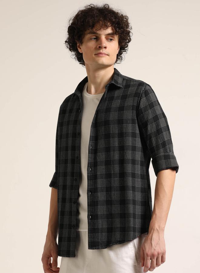 Bushirt Men Black Checked Spread Collar Shirt - Image 2