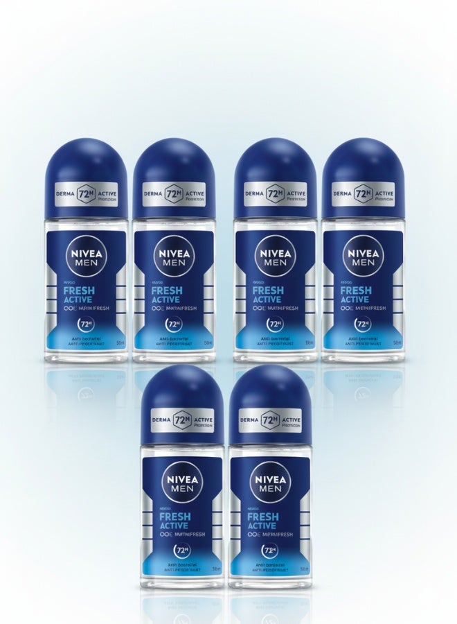 Nivea pack of 6 Fresh Active Antiperspirant Fresh Scent Roll On Blue 50 ml long lasting protection deodorant for men and women - Image 1