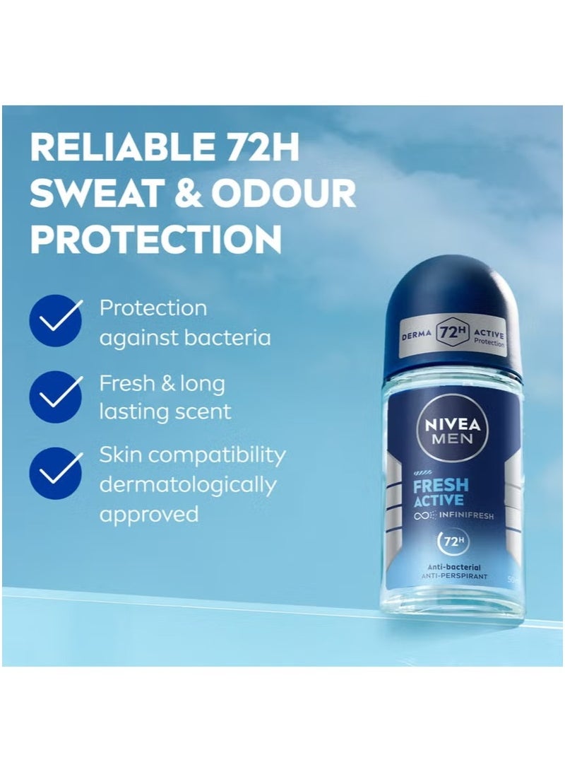 Nivea pack of 6 Fresh Active Antiperspirant Fresh Scent Roll On Blue 50 ml long lasting protection deodorant for men and women - Image 2