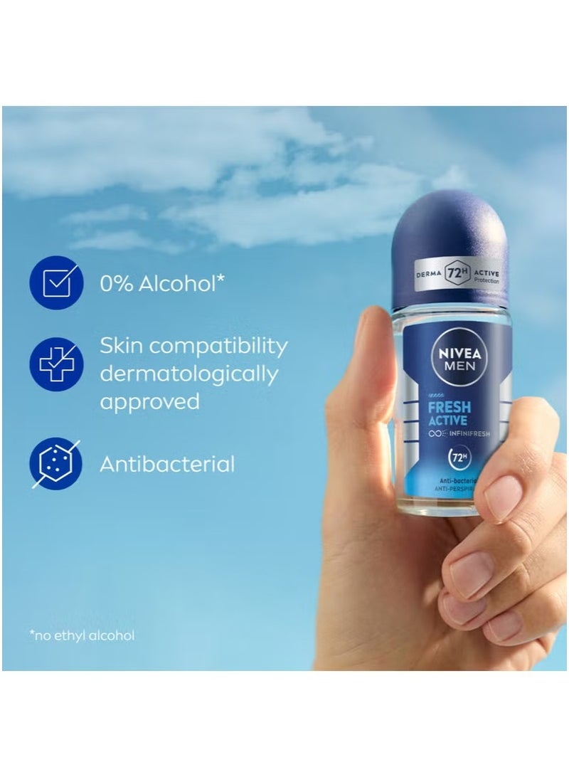 Nivea pack of 6 Fresh Active Antiperspirant Fresh Scent Roll On Blue 50 ml long lasting protection deodorant for men and women - Image 3
