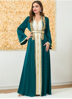 Madam Uniq Muslim 2 Pcs Abaya Long Sleeve Open Front Rhinestones Kaftan Cardigan Maxi Dress for Women with Belt  - Image 1