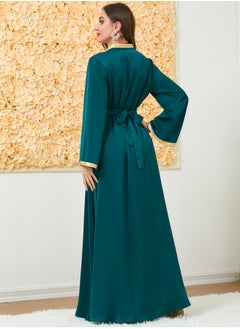 Madam Uniq Muslim 2 Pcs Abaya Long Sleeve Open Front Rhinestones Kaftan Cardigan Maxi Dress for Women with Belt  - Image 2