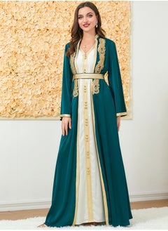 Madam Uniq Muslim 2 Pcs Abaya Long Sleeve Open Front Rhinestones Kaftan Cardigan Maxi Dress for Women with Belt  - Image 4