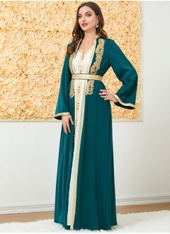 Madam Uniq Muslim 2 Pcs Abaya Long Sleeve Open Front Rhinestones Kaftan Cardigan Maxi Dress for Women with Belt  - Image 5