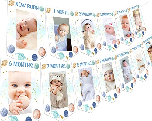 Fangleland Outer Space Theme 1st Birthday Photo Banner First Trip Around The Sun Birthday Decoration Blue Baby Picture Banner for Newborn to 12 Months Boy - Image 1
