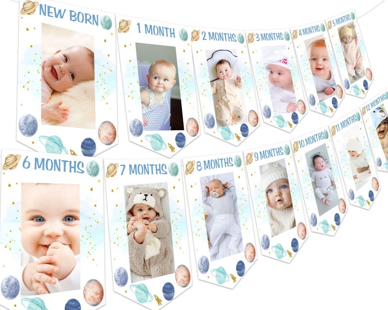 Fangleland Outer Space Theme 1st Birthday Photo Banner First Trip Around The Sun Birthday Decoration Blue Baby Picture Banner for Newborn to 12 Months Boy - Image 2