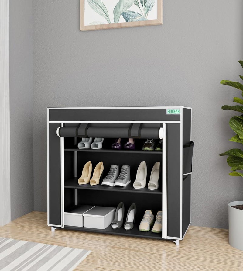 FLIPZON FLIPZON Premium 3Tiers Shoe RackMultipurpose Storage Rack with Dustproof Cover Small Black - Image 1
