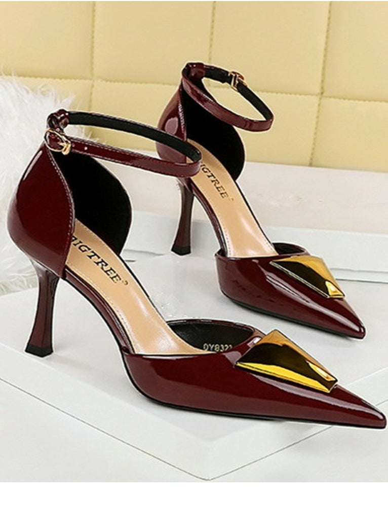 BIGTREE Women's Patent Leather Closed Pointed Toe High Heels With Ankle Straps Stiletto Pumps Wine Red 8CM  - Image 1