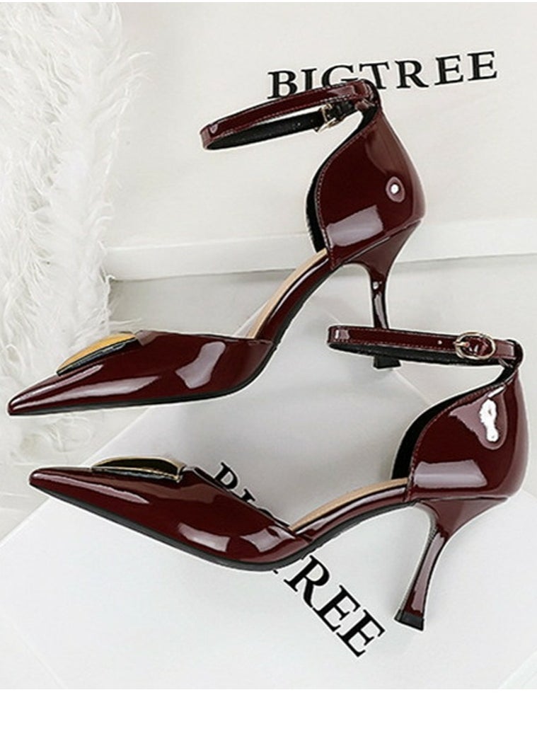 BIGTREE Women's Patent Leather Closed Pointed Toe High Heels With Ankle Straps Stiletto Pumps Wine Red 8CM  - Image 2