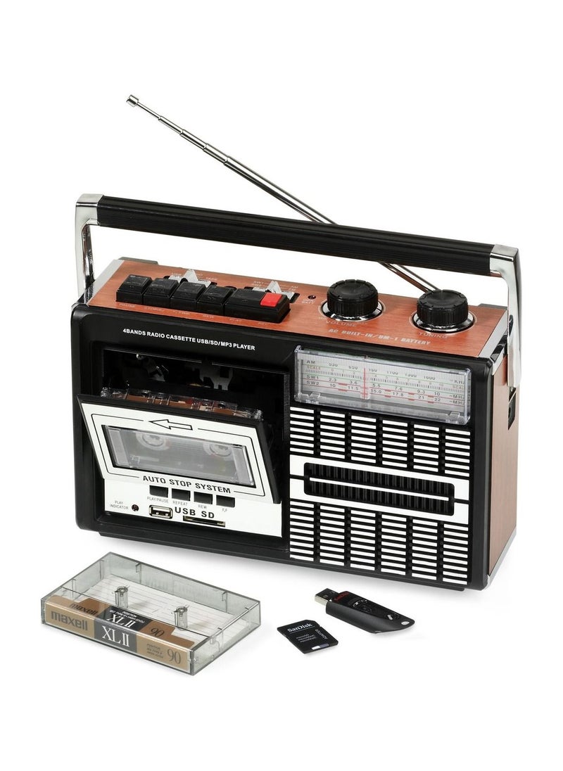Ricatech PR85 Portable 80s Style Radio with Cassette Player and Recorder USB and SD Card Slots Built In Microphone Auto Stop Function 3.5mm Headphone Jack and Built In Speaker 1x8 Watts