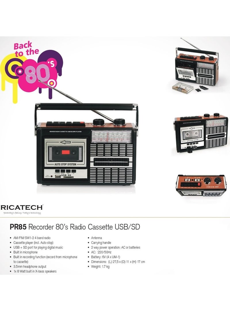 Ricatech PR85 Portable 80s Style Radio with Cassette Player and Recorder USB and SD Card Slots Built In Microphone Auto Stop Function 3.5mm Headphone Jack and Built In Speaker 1x8 Watts