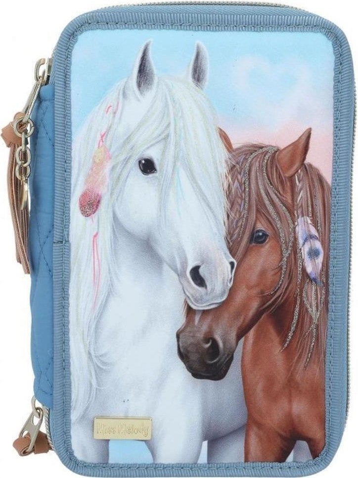Top Model Miss Melody Triple Pencil Case Blue Horses  - Image 2