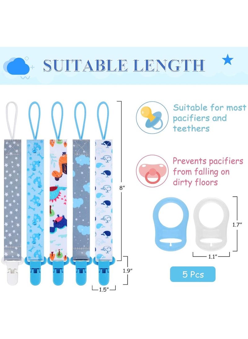 5 Pcs Dummy Pacifier Clips with 5 Silicone Adapters, PP Material Soother Holder Straps for Boys, Chain Clips for Baby Teething and Baby Shower (Blue) - view 2