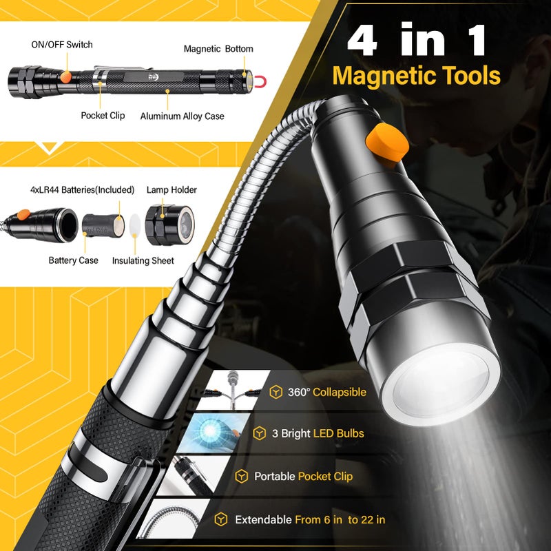 DREAM MASTER Magnetic Pickup Tool Set with 15lb&1lb Pick Up Rod, Round□ 360 Swivel Adjustable Inspection Mirror, Telescoping Flexible Flashlight, Christmas Gifts Stocking Stuffers For Men, Dad, Husband - Image 2