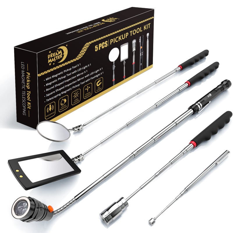 DREAM MASTER Magnetic Pickup Tool Set with 15lb&1lb Pick Up Rod, Round□ 360 Swivel Adjustable Inspection Mirror, Telescoping Flexible Flashlight, Christmas Gifts Stocking Stuffers For Men, Dad, Husband - Image 1