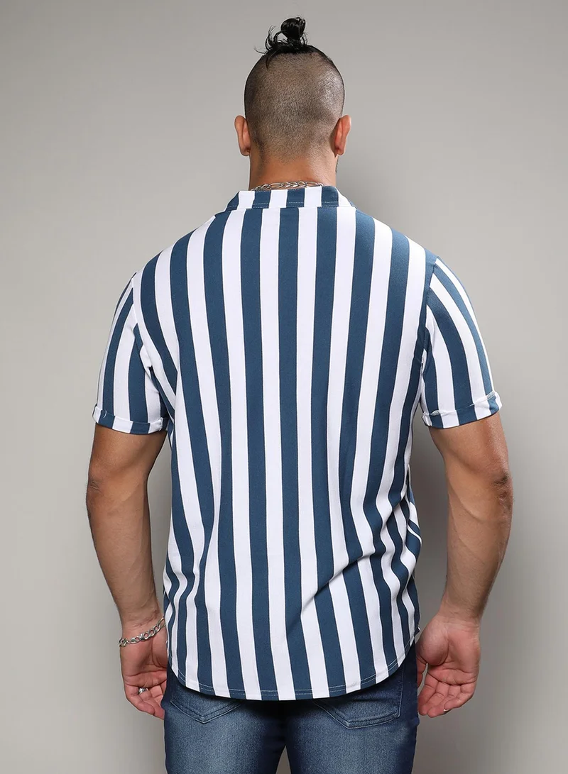 Instafab Plus  Instafab Plus Men's Chalk White & Prussian Blue Bengal Striped Shirt For Casual Wear | Mandarin Collar | Short Sleeve | Button Closure | Shirt Crafted With Comfort With For Everyday Wear for Men | Best Price UAE