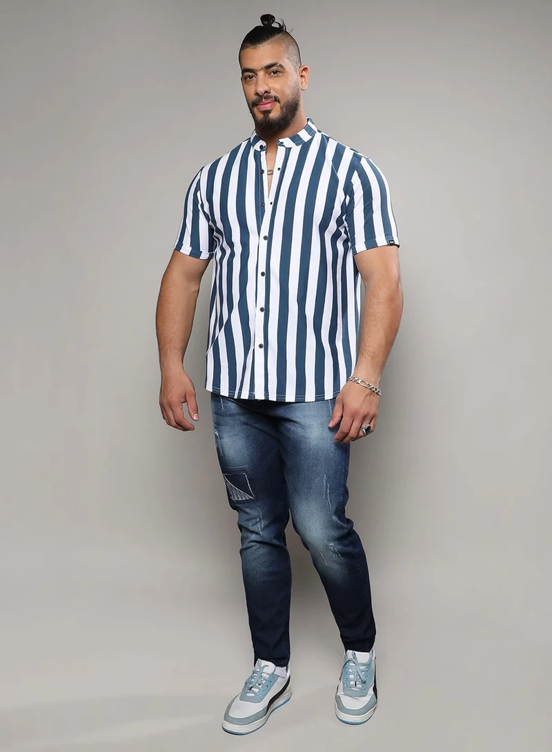 Instafab Plus  Instafab Plus Men's Chalk White & Prussian Blue Bengal Striped Shirt For Casual Wear | Mandarin Collar | Short Sleeve | Button Closure | Shirt Crafted With Comfort With For Everyday Wear for Men | Best Price UAE