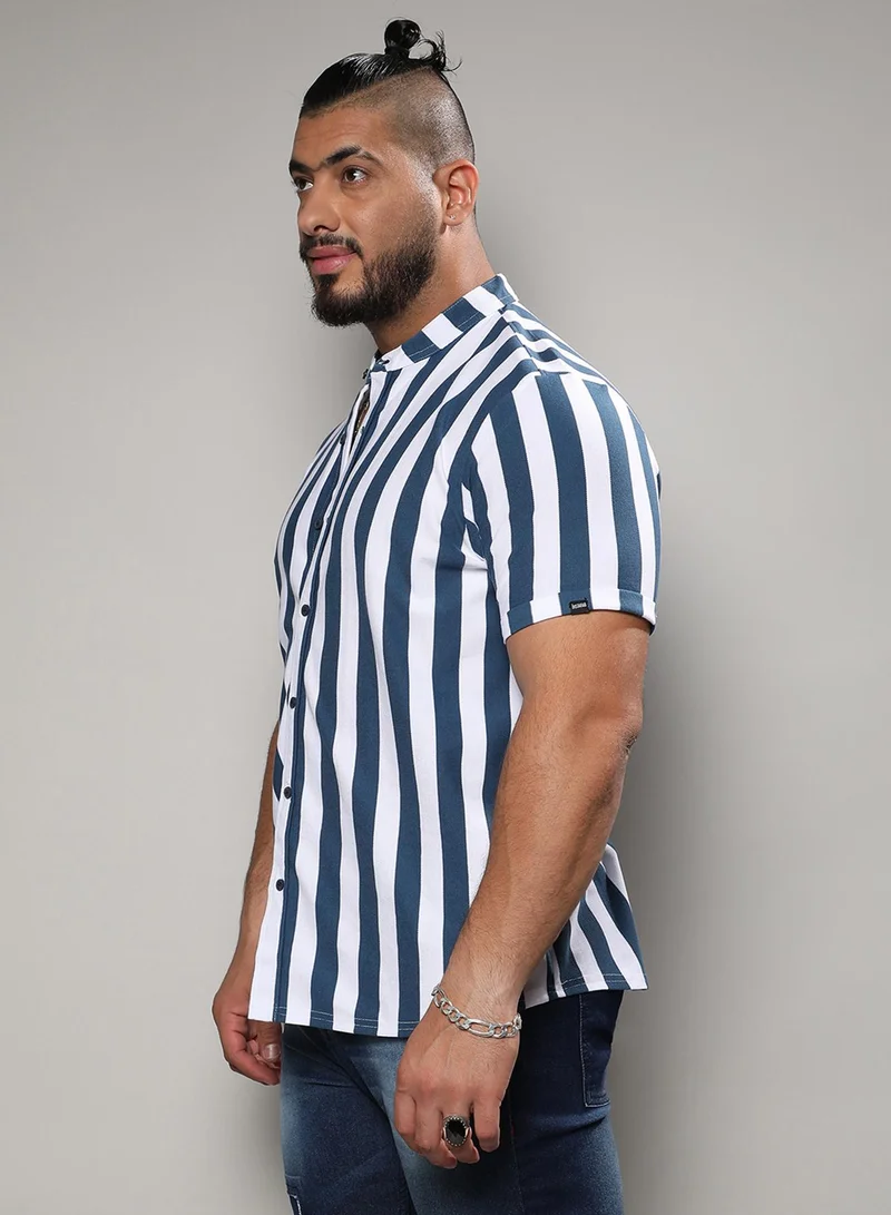 Instafab Plus  Instafab Plus Men's Chalk White & Prussian Blue Bengal Striped Shirt For Casual Wear | Mandarin Collar | Short Sleeve | Button Closure | Shirt Crafted With Comfort With For Everyday Wear for Men | Best Price UAE