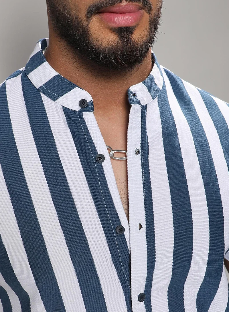 Instafab Plus  Instafab Plus Men's Chalk White & Prussian Blue Bengal Striped Shirt For Casual Wear | Mandarin Collar | Short Sleeve | Button Closure | Shirt Crafted With Comfort With For Everyday Wear for Men | Best Price UAE