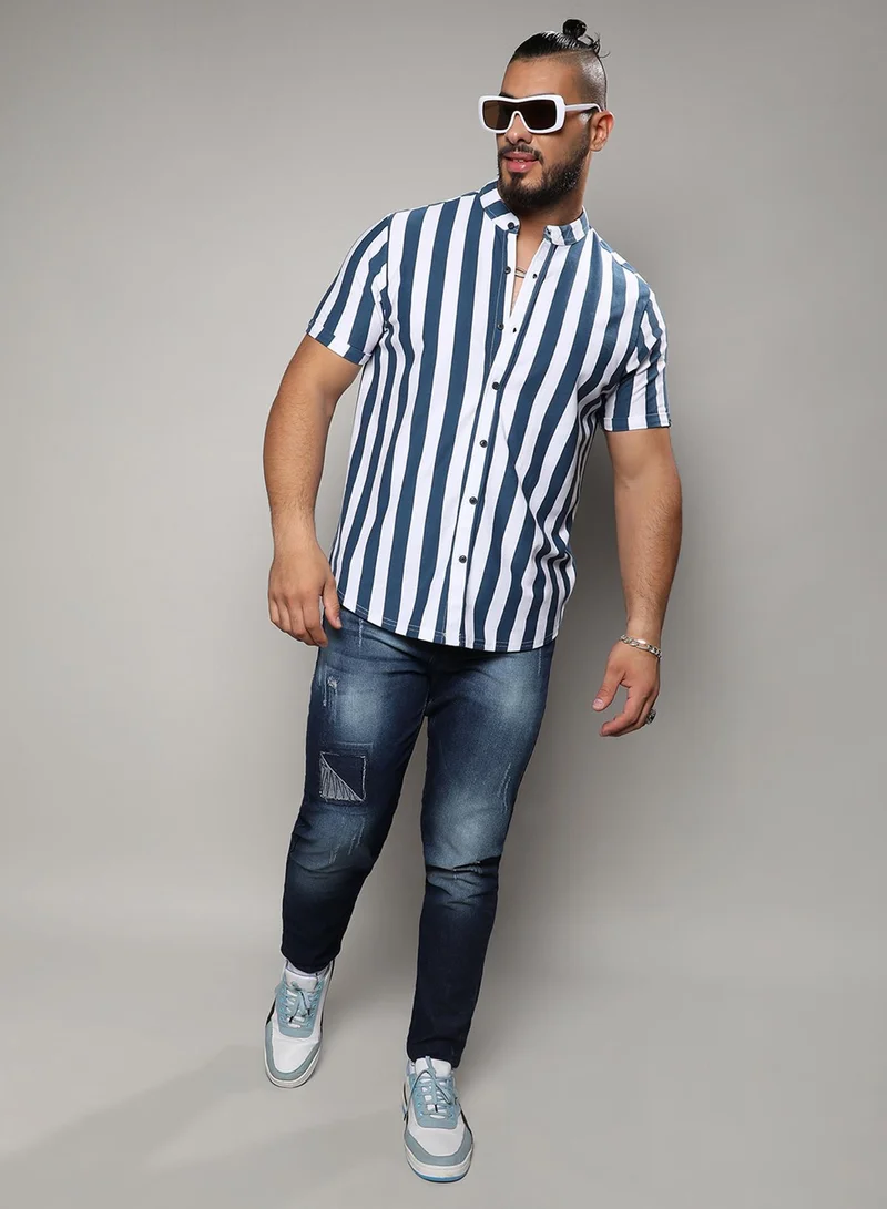 Instafab Plus  Instafab Plus Men's Chalk White & Prussian Blue Bengal Striped Shirt For Casual Wear | Mandarin Collar | Short Sleeve | Button Closure | Shirt Crafted With Comfort With For Everyday Wear for Men | Best Price UAE