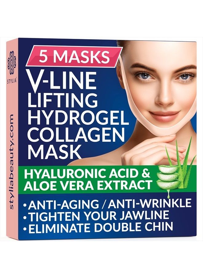 Stylia 5 Piece Double Chin Tightener - V Line Shaping Face Masks - Toning Hydrogel Collagen Mask with Hyaluronic Acid & Aloe Vera - Anti-Aging and Anti-Wrinkle Band - Image 1
