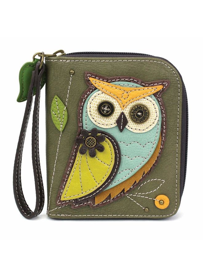CHALA Zip Around Wallet, Wristlet, 8 Credit Card Slots, Sturdy Pu Leather - Owl-A - Olive - Image 1