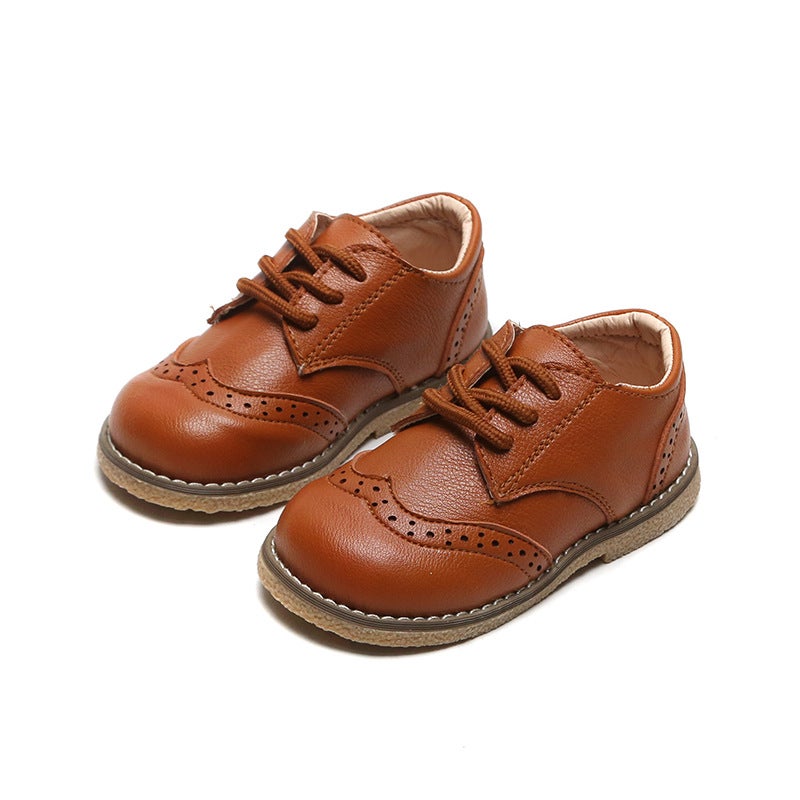 Boys Leather Shoes British Style Spring 2024 Soft Sole Kids Sneakers Brown 