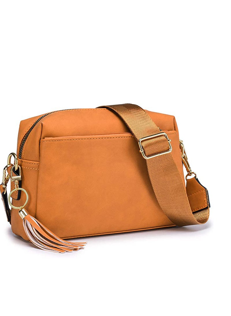 Trendy Vegan Leather Crossbody Bag for Women - Adjustable Strap, Triple Zip Design, Perfect for Everyday Use (Yellow Brown) - Image 1