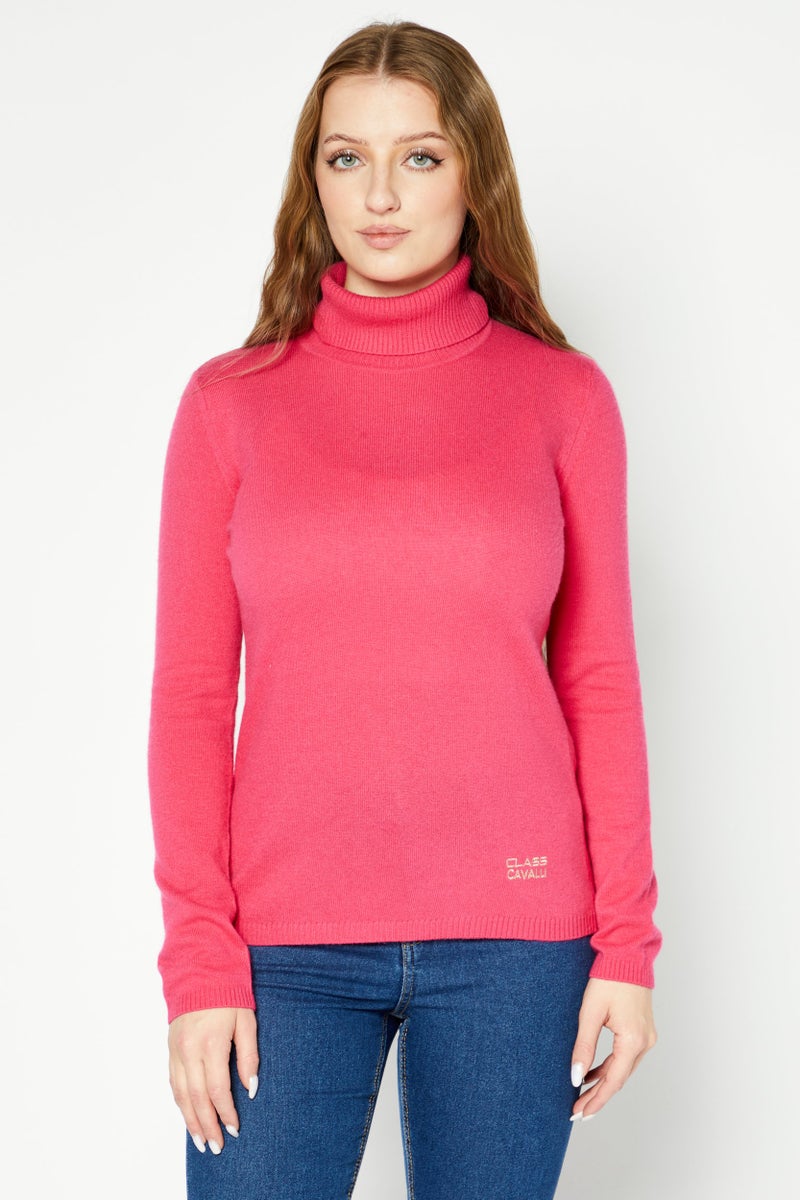 Cavalli Class Women High Neck Long Sleeve Brand Logo Sweater, Pink - Image 1