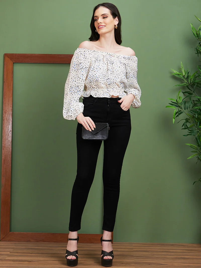 globus Women White Floral Print Off-Shoulder Bardot Top