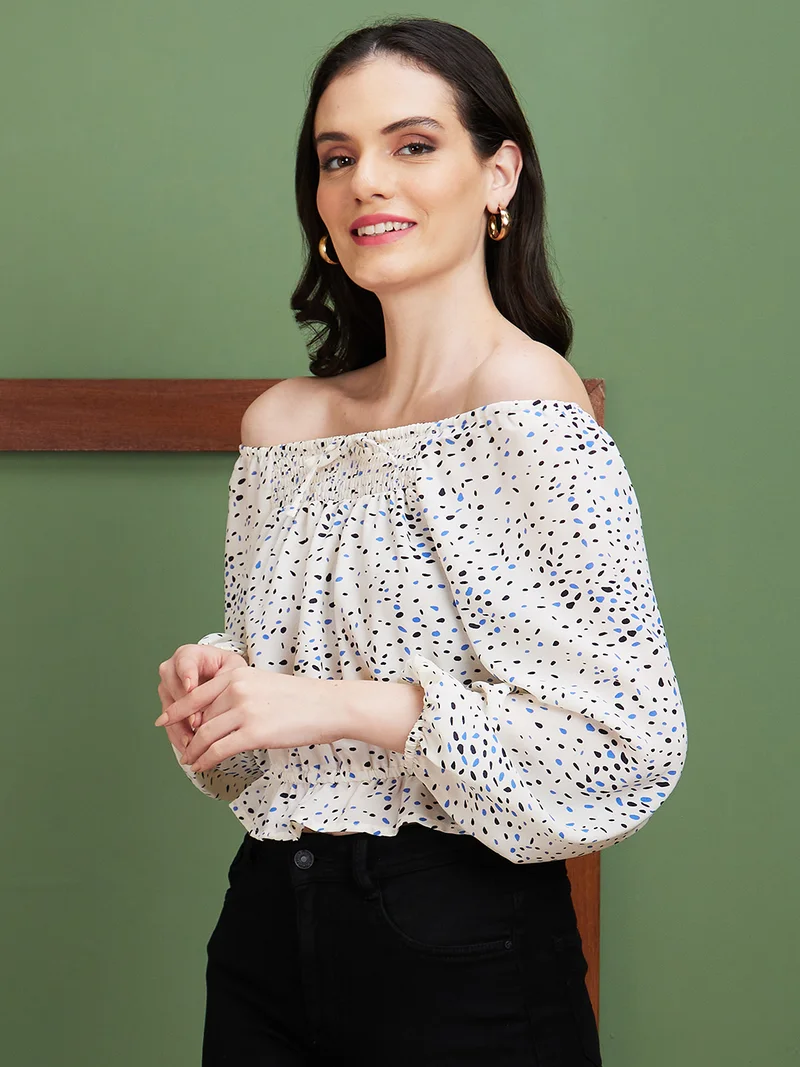 globus Women White Floral Print Off-Shoulder Bardot Top