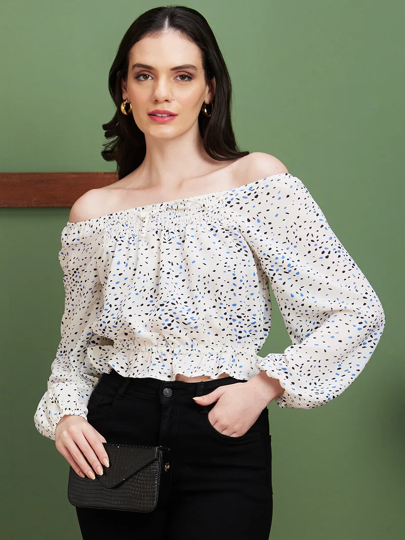 globus Women White Floral Print Off-Shoulder Bardot Top