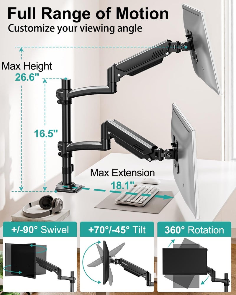 MOUNT PRO Dual Monitor Stand for Desk, Taller Monitor Arms for 2 Screens up to 32 inch, Ergonomic Adjustable Full Motion Double Computer Monitor Mount, Holds 4.4-22lbs, VESA 75/100mm, Black, Freelift - Image 2
