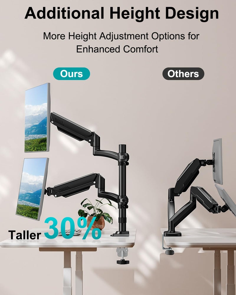 MOUNT PRO Dual Monitor Stand for Desk, Taller Monitor Arms for 2 Screens up to 32 inch, Ergonomic Adjustable Full Motion Double Computer Monitor Mount, Holds 4.4-22lbs, VESA 75/100mm, Black, Freelift - Image 4