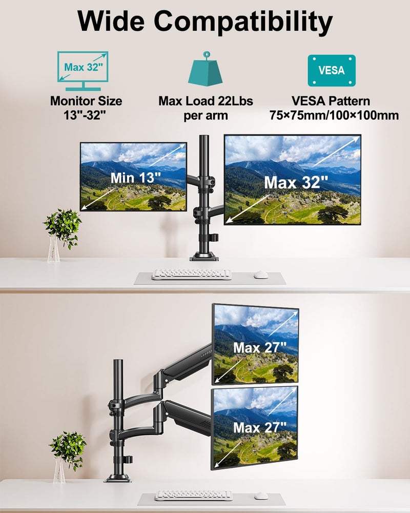MOUNT PRO Dual Monitor Stand for Desk, Taller Monitor Arms for 2 Screens up to 32 inch, Ergonomic Adjustable Full Motion Double Computer Monitor Mount, Holds 4.4-22lbs, VESA 75/100mm, Black, Freelift - Image 5