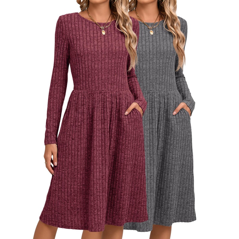 Riyiper 2 Pack Women's Long Sleeve Sweater Dress Ribbed Pleated Casual Round Neck Knee Length Dress with Pocket(Dark Gray, Fuchsia,L) - Image 1