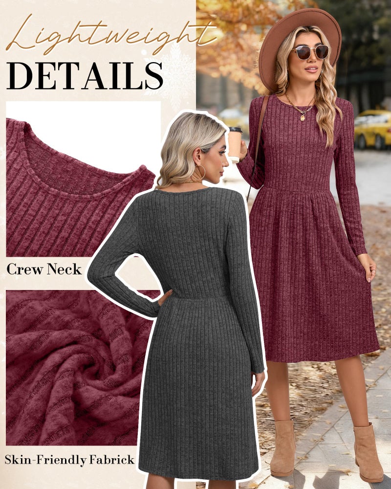 Riyiper 2 Pack Women's Long Sleeve Sweater Dress Ribbed Pleated Casual Round Neck Knee Length Dress with Pocket(Dark Gray, Fuchsia,L) - Image 5