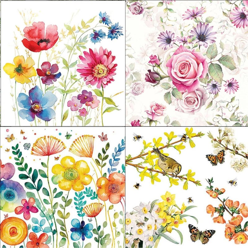 مجموعة مناديل ديكوباج بطبعة زهور 14-4 - مناديل من كل تصميم - إجمالي 4 قطع - Image 1