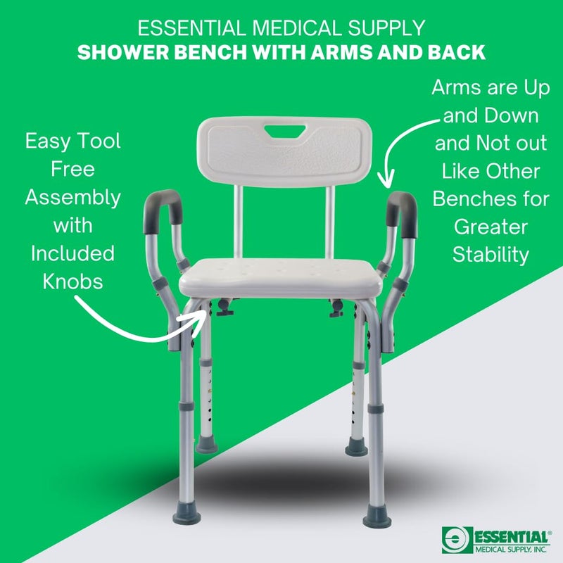 Essential Medical Supply Height Adjustable Shower and Bath Bench with Back, Padded Arms and Textured Seat - Perfect Shower Chair for Inside Shower or Tub for Seniors and Adults - Supports 300lbs. - Image 3