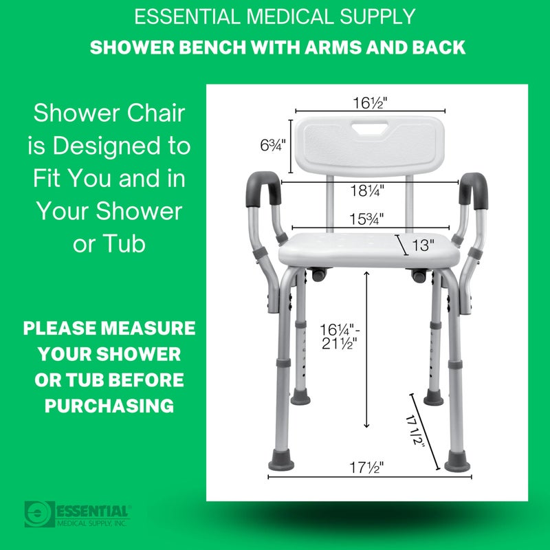 Essential Medical Supply Height Adjustable Shower and Bath Bench with Back, Padded Arms and Textured Seat - Perfect Shower Chair for Inside Shower or Tub for Seniors and Adults - Supports 300lbs. - Image 4