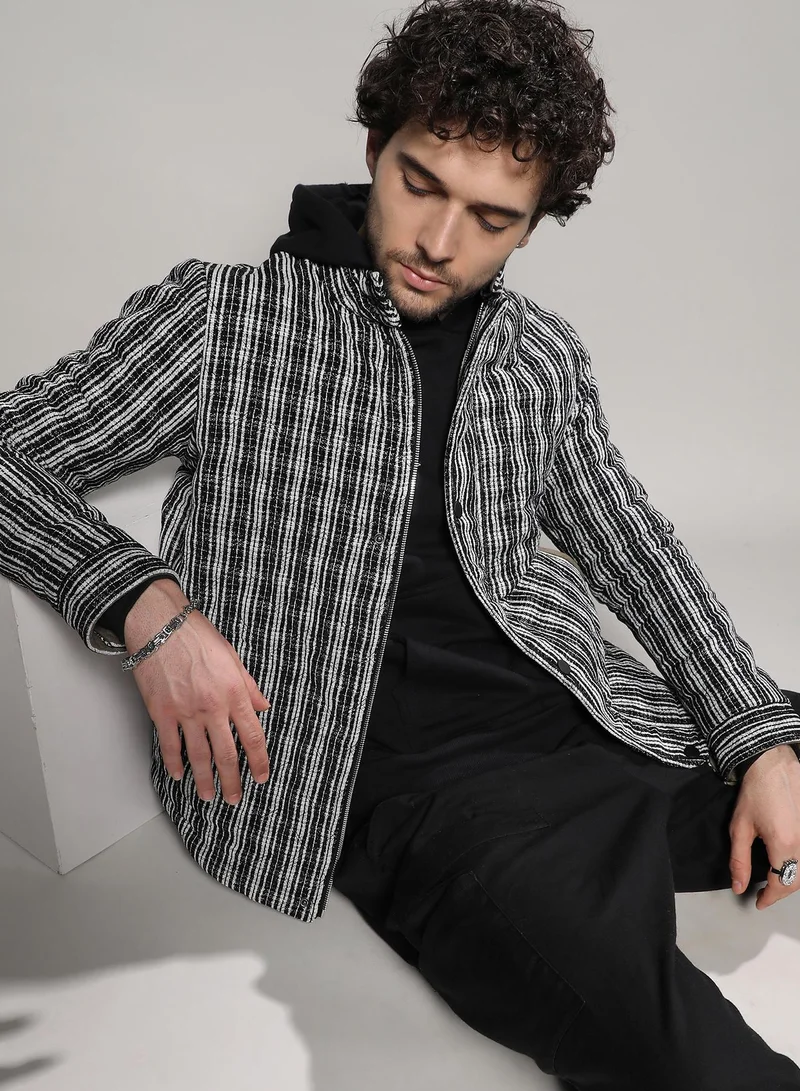 Campus Sutra Men's Black & White Multitrack Striped Quilted Jacket For Casual Wear | Mandarin Collar | Long Sleeve | Snap Button Closure | Jacket Crafted With Comfort Fit For Everyday Wear